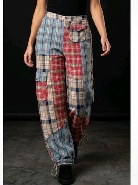 Oli & Hali Plaid Patchwork Cargo Pants in Red, Blue, Cream